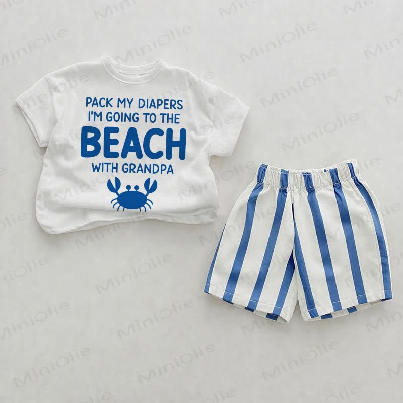 PACK MY DIAPERS I'M GOING TO THE BEACH WITH GRANDPA！ベビープリント ブルー 縦ストライプ ツーピース ショートパンツセット - ホワイト＆ブルー - 2～3歳 - image 1