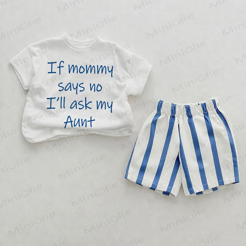 IF MOMMY SAYS NO I'LL ASK MY AUNTベビープリント ブルー 縦ストライプ ツーピース ショートパンツセット - ホワイト＆ブルー - 2～3歳 - image 1