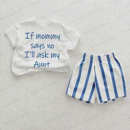 IF MOMMY SAYS NO I'LL ASK MY AUNTベビープリント ブルー 縦ストライプ ツーピース ショートパンツセット - ホワイト＆ブルー - 2～3歳 - image 1