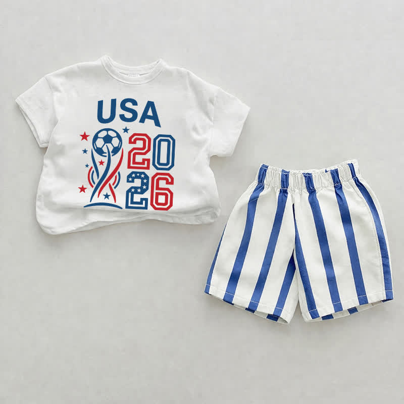 USA 2026ベビーフットボールプリント ブルー縦ストライプ 2ピースショーツセット - ホワイト＆ブルー - 2～3歳 - image 1