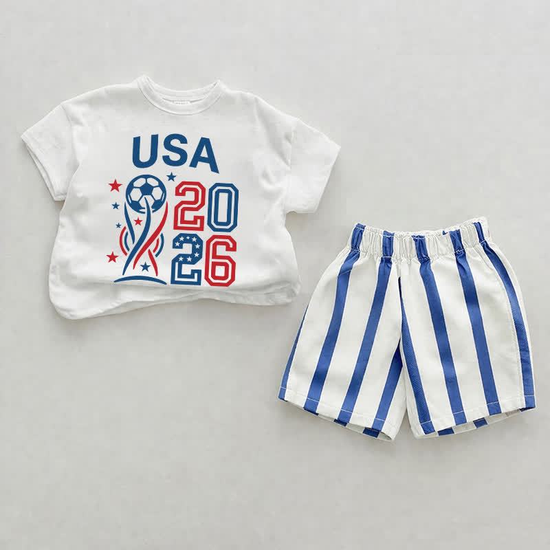 USA 2026ベビーフットボールプリント ブルー縦ストライプ 2ピースショーツセット - ホワイト＆ブルー - 2～3歳 - image 1