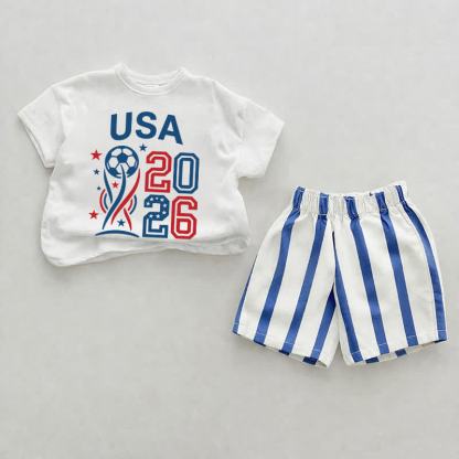 USA 2026ベビーフットボールプリント ブルー縦ストライプ 2ピースショーツセット - ホワイト＆ブルー - 2～3歳 - image 1