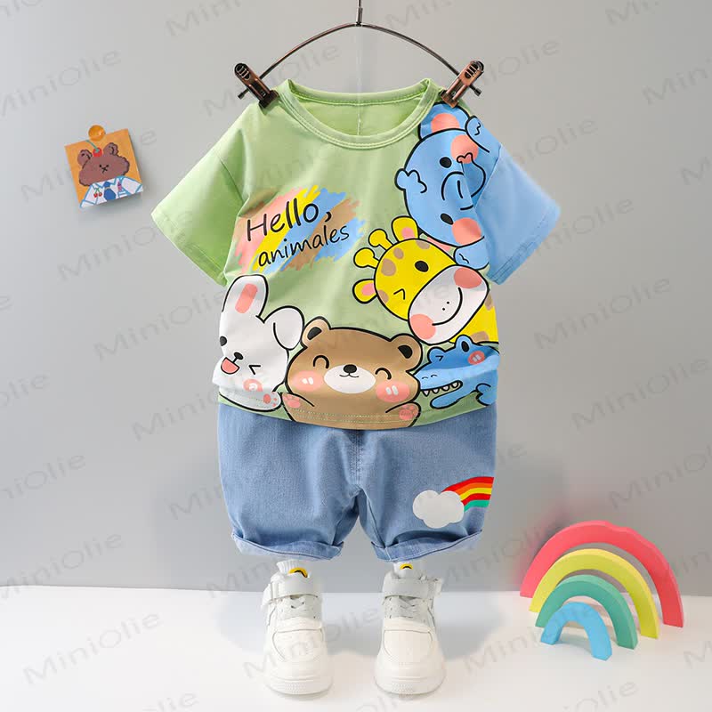 ベビー用漫画柄Tシャツとショートパンツの2点セット - 緑 - 3～4歳 - image 1