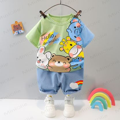 ベビー用漫画柄Tシャツとショートパンツの2点セット - 緑 - 3～4歳 - image 1