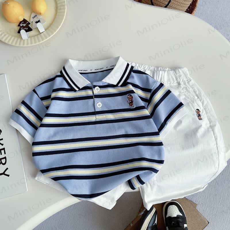 幼児男の子用ストライプポロシャツ＆ショートパンツ 2点セット - 青 - 4～5歳 - image 2