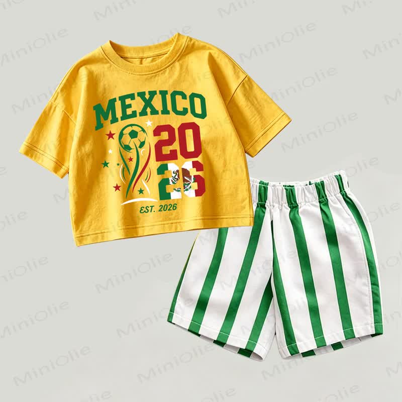 MEXICO 2026ベビー用 イエロー＆グリーン フットボールプリント トップスとストライプショーツ 2点セット - 黄色と緑 - 2～3歳 - image 1