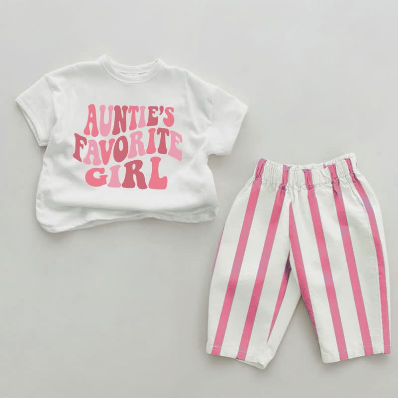 AUNTIE'S FAVORITE GIRLベビーガールズ スローガン ピンク 縦ストライプ 2点セット - ホワイト＆ピンク - 2～3歳 - image 1