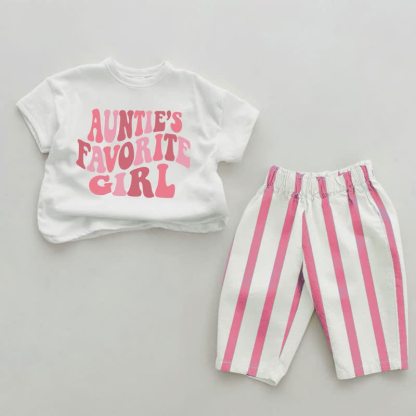 AUNTIE'S FAVORITE GIRLベビーガールズ スローガン ピンク 縦ストライプ 2点セット - ホワイト＆ピンク - 2～3歳 - image 1
