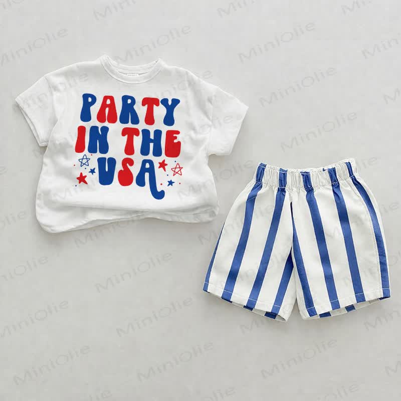 PARTY IN THE USAベビーブルー縦ストライプ ツーピース ショートパンツセット - ホワイト＆ブルー - 2～3歳 - image 1