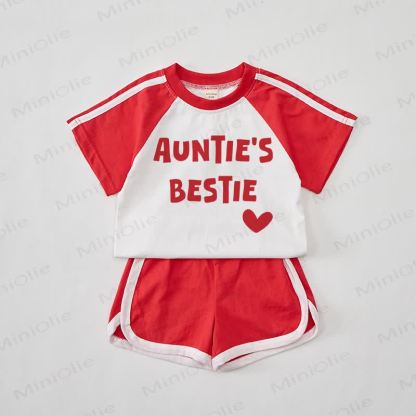  AUNTIE'S BESTIEレッドTシャツ＆ショートパンツセット - 赤 - 2～3歳 - image 1