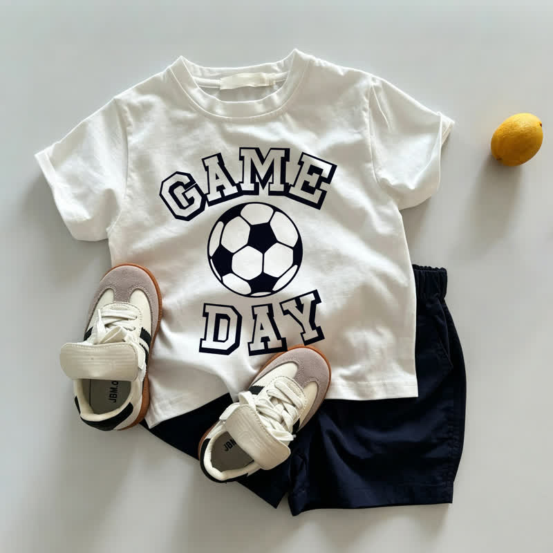 GAME DAY幼児用サッカー柄Tシャツ（白）とショートパンツ（紺）のツーピースセット - ホワイト＆ネイビー - 3～5歳 - image 1
