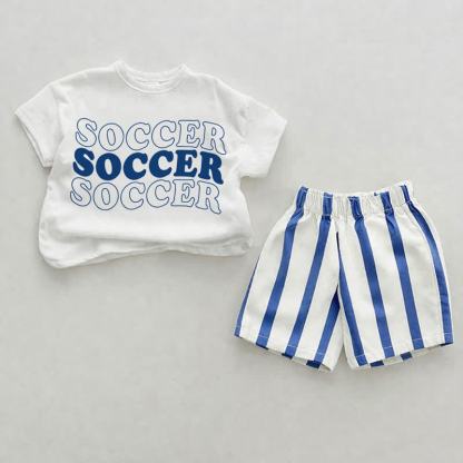 SOCCERベビー用 白と青の縦縞 ツーピースショーツ - ホワイト＆ブルー - 2～3歳 - image 1