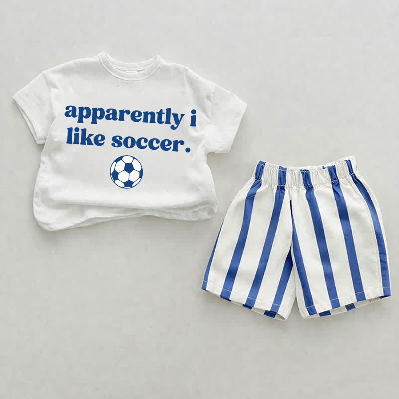 APPARENTLY I LINKE SOCCER.ベビー用白と青の縦縞模様のツーピースショーツセット - ホワイト＆ブルー - 2～3歳 - image 1