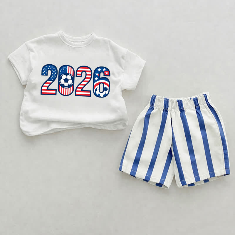 ベビー用 ホワイト＆ブルーUSAサッカープリント 縦ストライプ 2ピースショーツセット - ホワイト＆ブルー - 2～3歳 - image 1