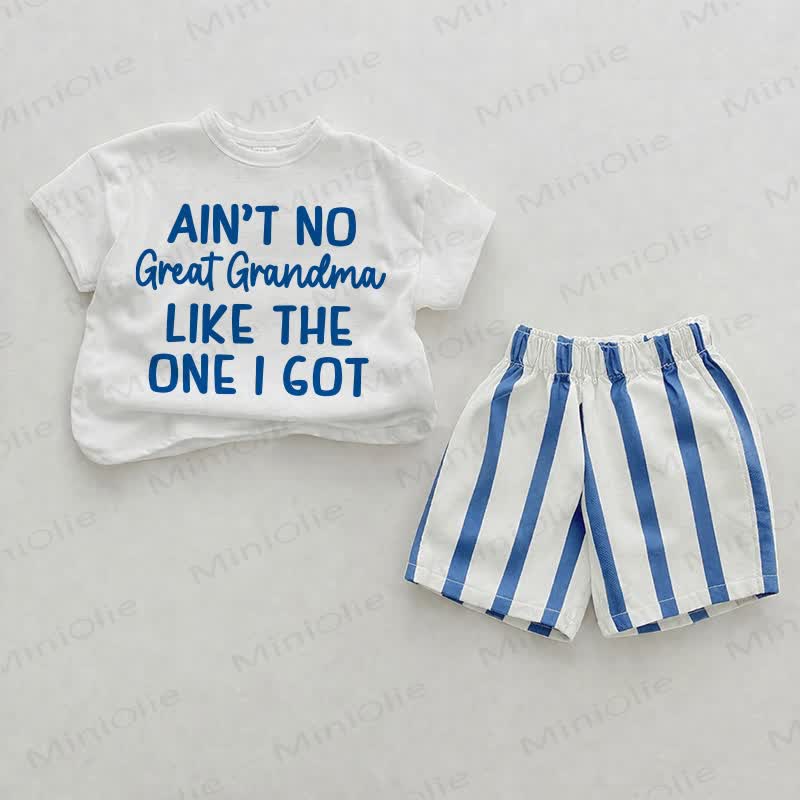 AIN'T NO GREAT GRANDMAベビー縦ストライプ ツーピース ショートパンツセット - ホワイト＆ブルー - 2～3歳 - image 1