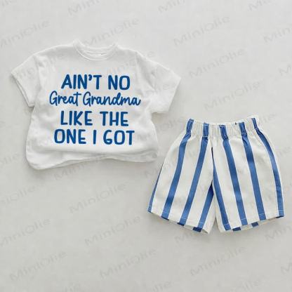 AIN'T NO GREAT GRANDMAベビー縦ストライプ ツーピース ショートパンツセット - ホワイト＆ブルー - 2～3歳 - image 1