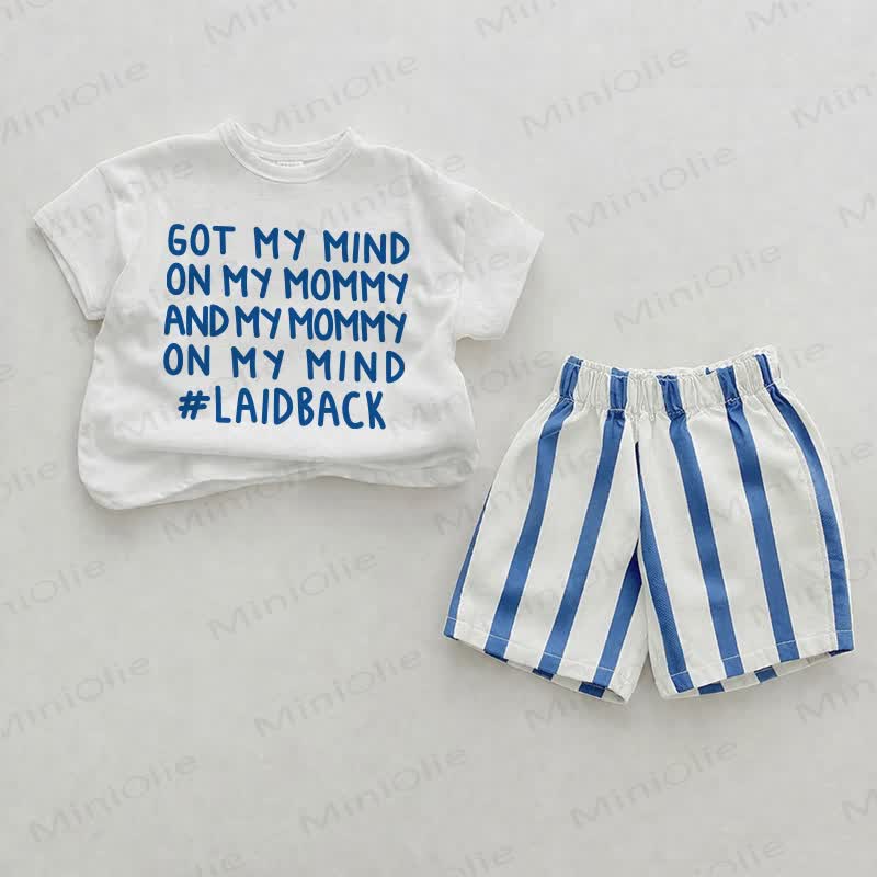 GOT MY MIND ON MY MOMMY縦ストライプ柄ツーピースショーツセット - ホワイト＆ブルー - 2～3歳 - image 1