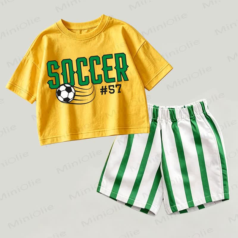 SOCCER#57 ベビーイエロー＆グリーン フットボールプリントトップスとストライプショーツ 2点セット - 黄色と緑 - 2～3歳 - image 1