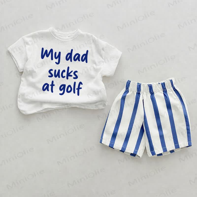 MY DAD SUCKS AT GOLF縦縞ツーピースショーツセット - ホワイト＆ブルー - 2～3歳 - image 1