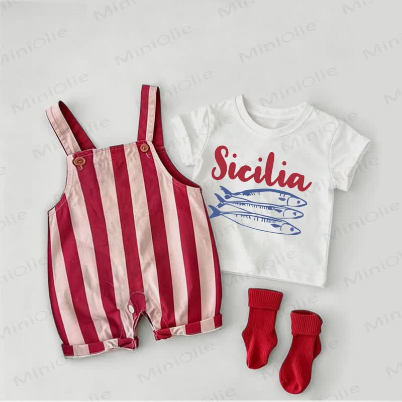 SICILIAベビーフィッシュ オーバーオール＆Tシャツ 2点セット - 白と赤 - 2～3歳 - image 1