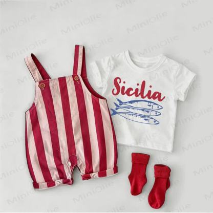 SICILIAベビーフィッシュ オーバーオール＆Tシャツ 2点セット - 白と赤 - 2～3歳 - image 1