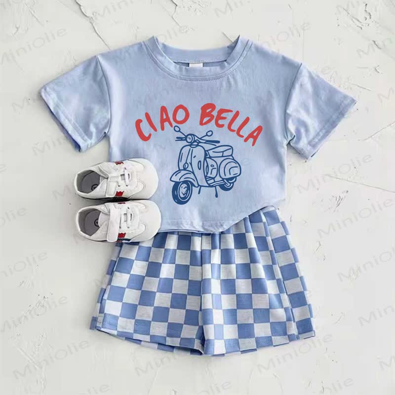 CIAO BELLAベビーブルー電動スクーター柄Tシャツとチェック柄パンツのツーピースセット - 青 - 2～3歳 - image 1