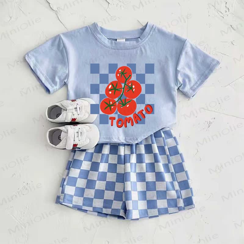 TOMATOベビーブルー トマト柄Tシャツとチェック柄パンツのツーピースセット - 青 - 2～3歳 - image 1