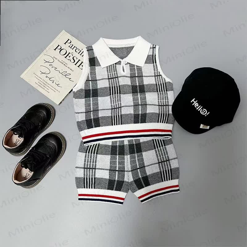 ベビー幼児用チェック柄ニット襟付きタンクトップとショートパンツの2点セット - image 1