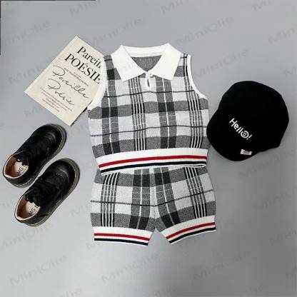 ベビー幼児用チェック柄ニット襟付きタンクトップとショートパンツの2点セット - image 1