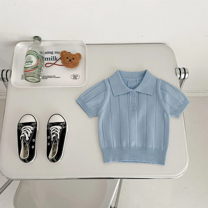 幼児用女の子向けクラシックリブニット半袖ポロシャツ - 青 - 8-9T - image 2