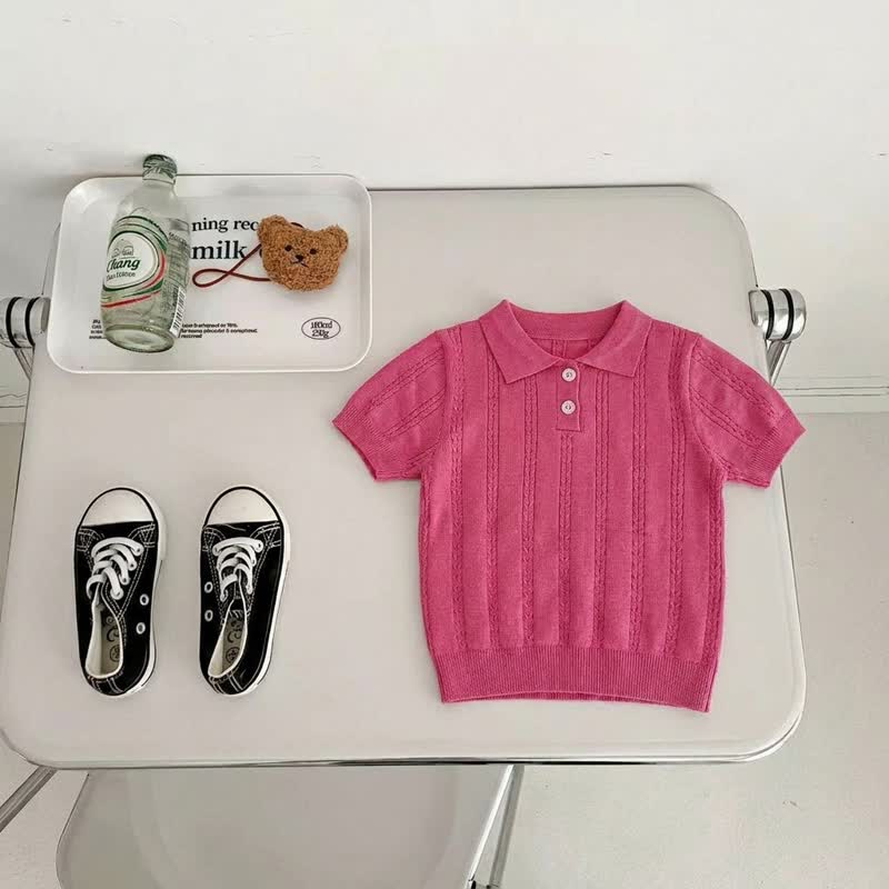 幼児用女の子向けクラシックリブニット半袖ポロシャツ - ピンク - 8-9T - image 10