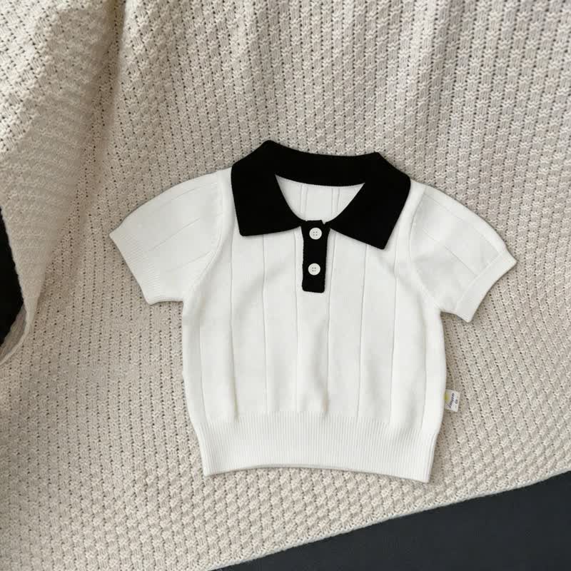 幼児用女の子向けクラシックリブニット半袖ポロシャツ - 白と黒 - 8-9T - image 7