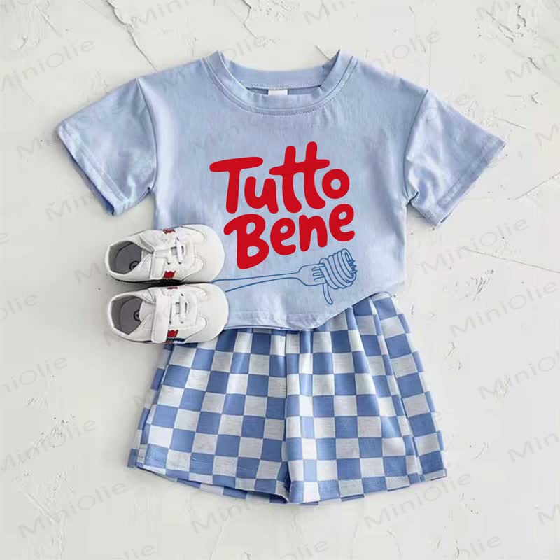 TUTTO BENEベビーブルーパスタ柄Tシャツとチェック柄パンツのツーピースセット - 青 - 2～3歳 - image 1