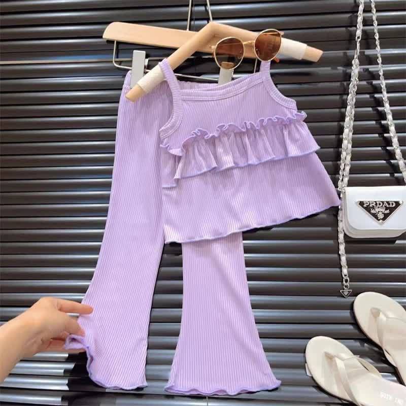 幼児用女の子向け無地リブ編みフリルキャミソールトップス＆パンツ2点セット - 紫 - 8-9T - image 4
