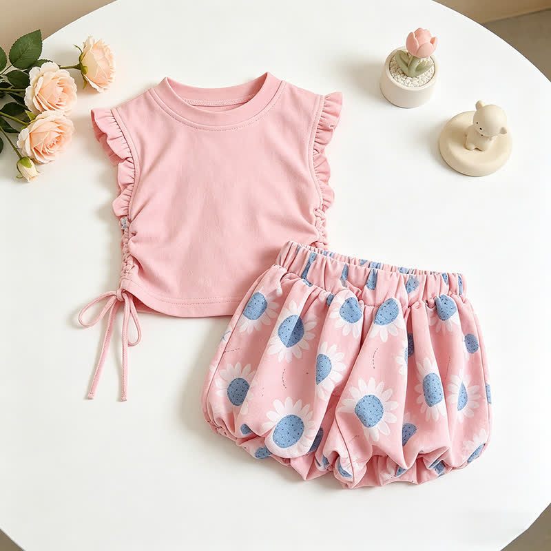 幼児用女の子向け花柄トップスとショートパンツのツーピースセット - ピンク - 7-10T - image 5