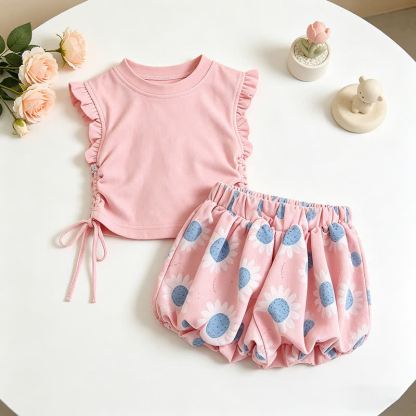 幼児用女の子向け花柄トップスとショートパンツのツーピースセット - ピンク - 7-10T - image 5