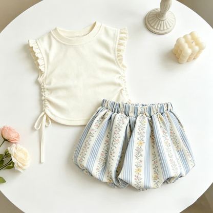 幼児用女の子向け花柄トップスとショートパンツのツーピースセット - ベージュ - 7-10T - image 6