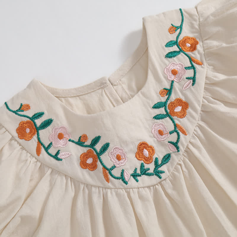 幼児用女の子向け 花柄刺繍入りパフスリーブトップス＆ショートパンツ 2点セット - image 3