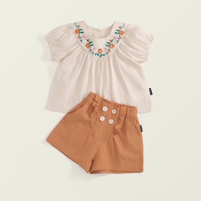 幼児用女の子向け 花柄刺繍入りパフスリーブトップス＆ショートパンツ 2点セット - ベージュ - 8-9T - image 1