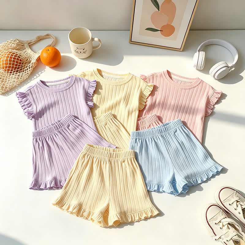幼児用女の子向け無地リブ編みトップス＆ショートパンツ ノースリーブ ツーピースセット - image 1