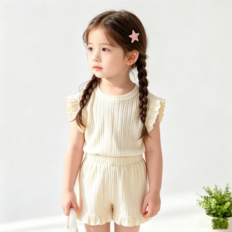 幼児用女の子向け無地リブ編みトップス＆ショートパンツ ノースリーブ ツーピースセット - ベージュ - 8-9T - image 3