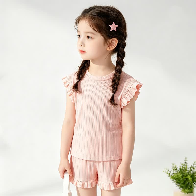 幼児用女の子向け無地リブ編みトップス＆ショートパンツ ノースリーブ ツーピースセット - ピンク - 8-9T - image 2