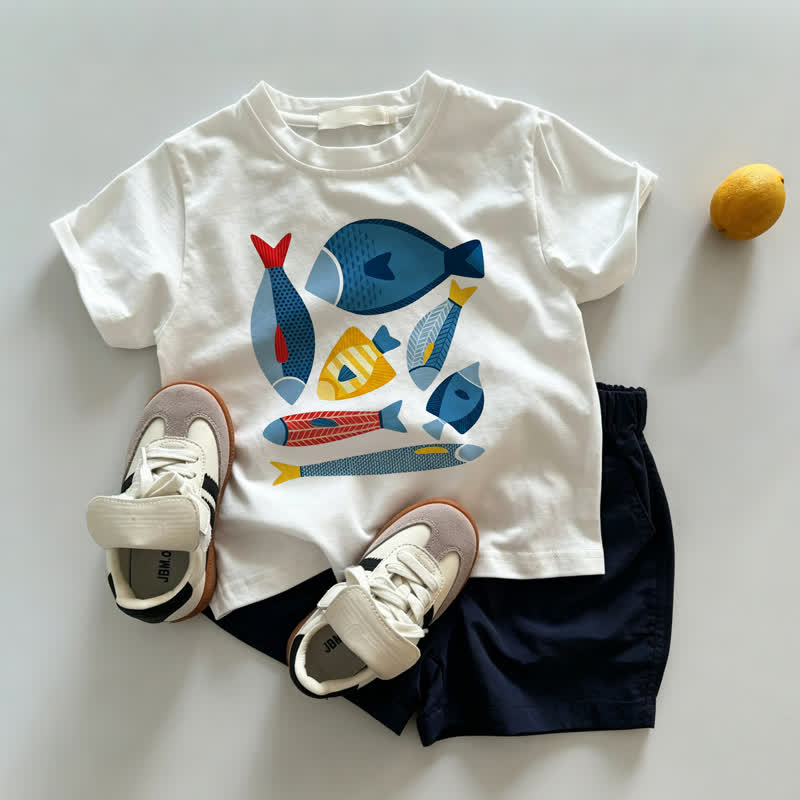 ベビー幼児用魚柄Tシャツ（白）とネイビーショートパンツの2点セット - ホワイト＆ネイビー - 3～5歳 - image 1