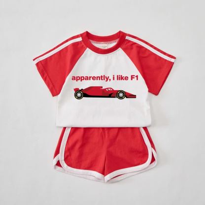 APPARENTLY, I LIKE F1レッドTシャツ＆ショートパンツセット - 赤 - 2～3歳 - image 1