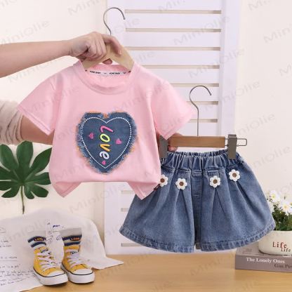 LOVEガールズ ハート デニム ノースリーブ セット - ピンク - 4～5歳 - image 1