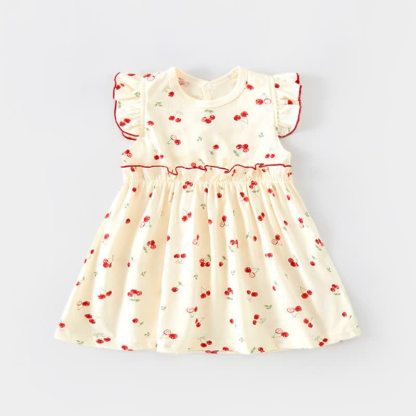 幼児用女の子向けベージュのひらひら袖Dress - ベージュチェリー - 6～7歳 - image 2