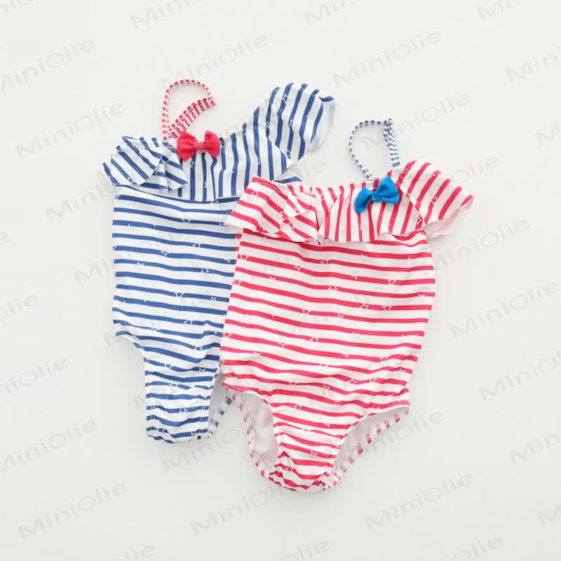 ベビーガールズ用レッドストライプフリルワンピース水着 - image 1