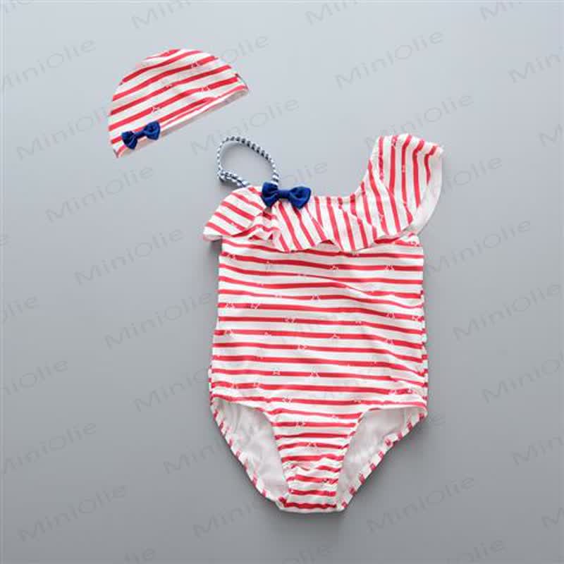 ベビーガールズ用レッドストライプフリルワンピース水着 - 赤 - 4～5歳 - image 2