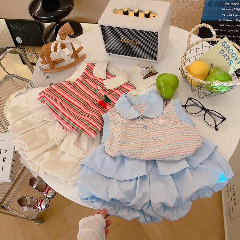 幼児用女の子ストライプ柄ノースリーブポロスカートセット - image 4