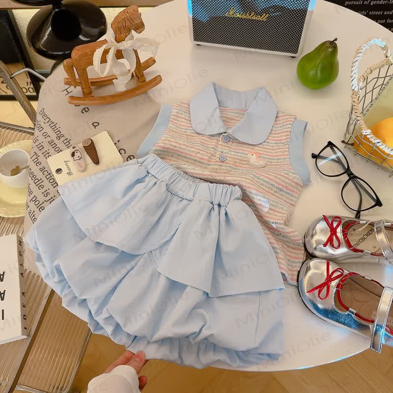 幼児用女の子ストライプ柄ノースリーブポロスカートセット - 青 - 4～5歳 - image 2